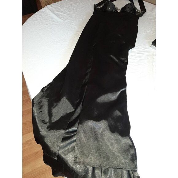 Size 10 Cinderella Black Rhinestone Halter Strap Maxi Mermaid Floor Length Train - Picture 3 of 10